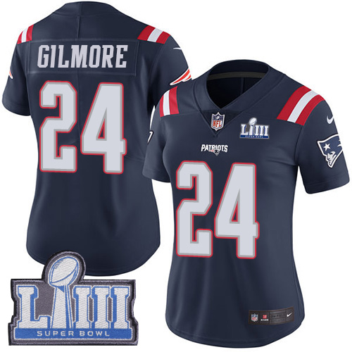 New England Patriots #24 Stephon Gilmore Navy Blue Super Bowl LIII Bound Women's Stitched Limited Rush Jersey Womens