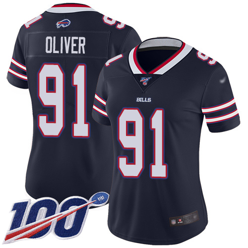 Buffalo Bills #91 Ed Oliver Navy Women's Stitched Limited Inverted Legend 100th Season Jersey Womens