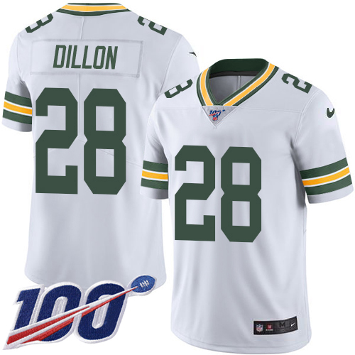 Packers #28 AJ Dillon White Youth Stitched 100th Season Vapor Untouchable Limited Jersey