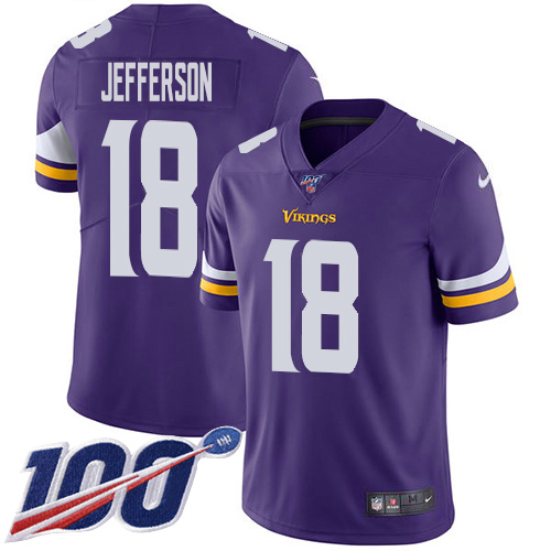 Vikings #18 Justin Jefferson Purple Team Color Youth Stitched 100th Season Vapor Untouchable Limited Jersey