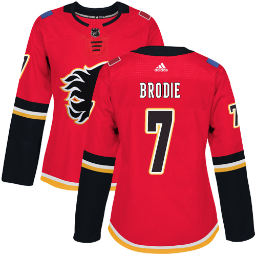 Adidas Calgary Flames #7 TJ Brodie Red Home Authentic Women's Stitched Jersey Womens
