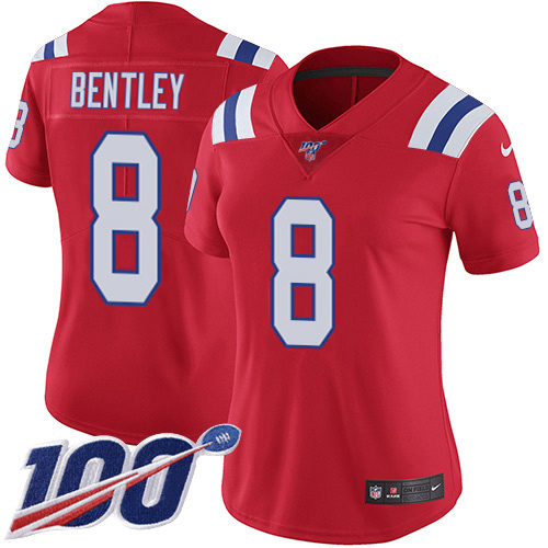 Patriots #8 Ja'Whaun Bentley Red Alternate Women's Stitched 100th Season Vapor Limited Jersey