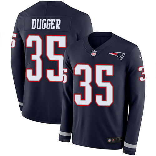 New England Patriots #35 Kyle Dugger Navy Blue Team Color Men's Stitched Limited Therma Long Sleeve Jersey Men's
