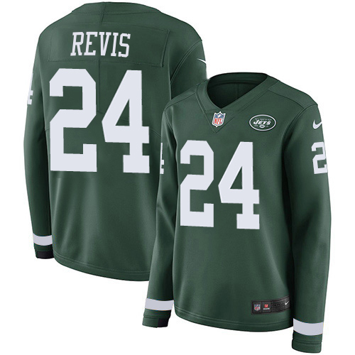 Jets #24 Darrelle Revis Green Team Color Women's Stitched Limited Therma Long Sleeve Jersey