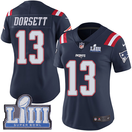 New England Patriots #13 Phillip Dorsett Navy Blue Super Bowl LIII Bound Women's Stitched Limited Rush Jersey Womens