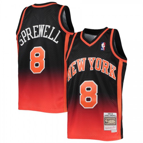 New York New York Knicks #8 Latrell Sprewell Mitchell & Ness Mens Orange/Black 1998/99 Hardwood Classics Fadeaway Swingman Player Jersey Mens