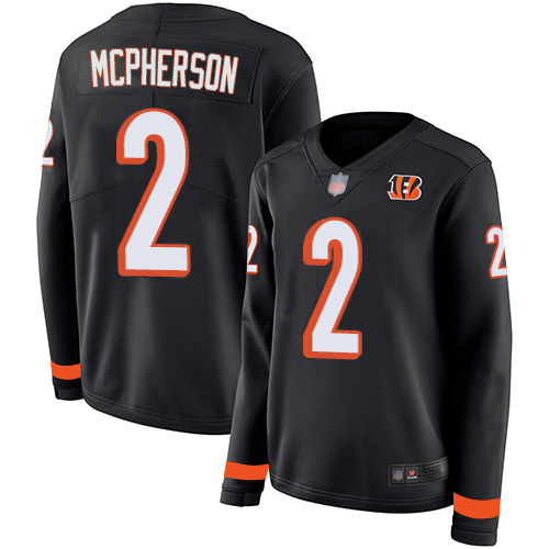 Bengals #2 Evan McPherson Black Team Color Women's Stitched Limited Therma Long Sleeve Jersey