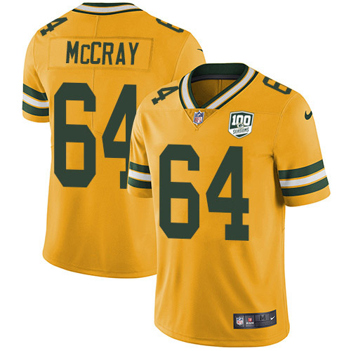 Green Bay Packers #64 Justin McCray Yellow Men's 100th Season Stitched Limited Rush Jersey Men's