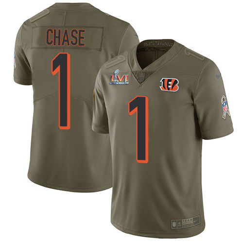 Bengals #1 Ja'Marr Chase Olive Super Bowl LVI Patch Youth Stitched Limited 2017 Salute To Service Jersey