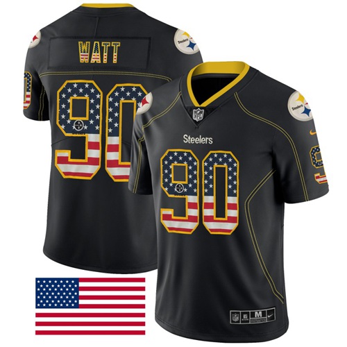 Steelers #90 T. J. Watt Black Men's Stitched Limited Rush USA Flag Jersey