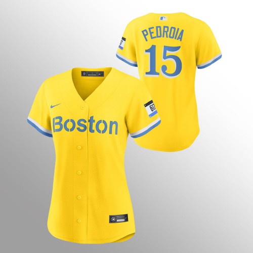 Boston Boston Red Sox #15 Dustin Pedroia Women's 2021 City Connect Gold Fans Version Jersey Womens