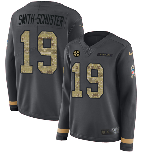 Pittsburgh Steelers #19 JuJu Smith-Schuster Anthracite Salute to Service Women's Stitched Limited Therma Long Sleeve Jersey Womens
