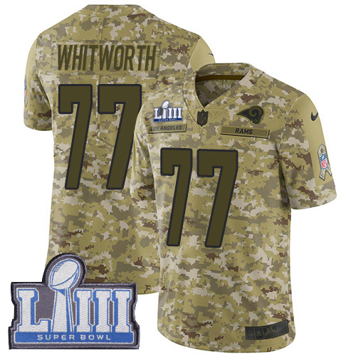 Los Angeles Rams #77 Andrew Whitworth Camo Super Bowl LIII Bound Men's Stitched Limited 2018 Salute To Service Jersey Men's