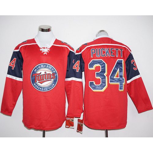 Minnesota Twins #34 Kirby Puckett Red Long Sleeve Stitched Jersey Men's
