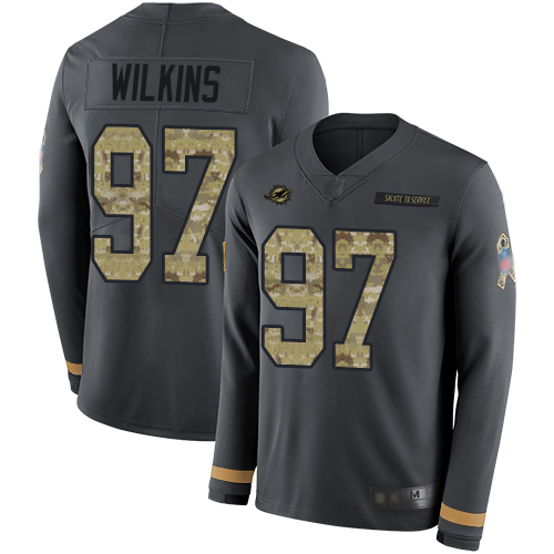 Miami Dolphins #97 Christian Wilkins Anthracite Salute to Service Men's Stitched Limited Therma Long Sleeve Jersey Men's