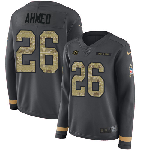 Miami Dolphins #26 Salvon Ahmed Anthracite Salute to Service Women's Stitched Limited Therma Long Sleeve Jersey Womens