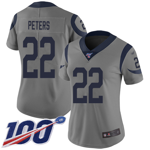 Los Angeles Rams #22 Marcus Peters Gray Women's Stitched Limited Inverted Legend 100th Season Jersey Womens