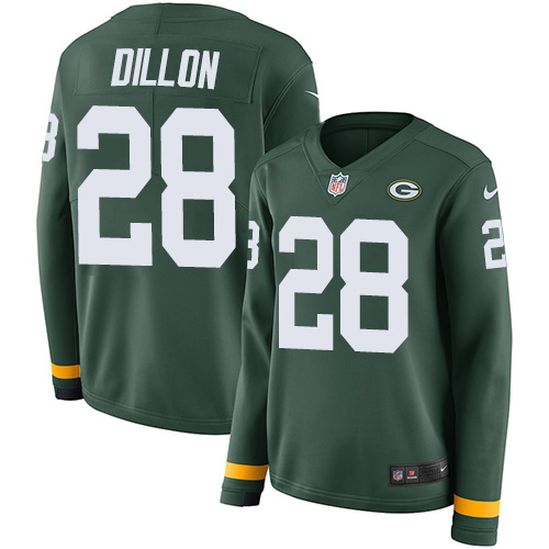 Packers #28 AJ Dillon Green Team Color Women's Stitched Limited Therma Long Sleeve Jersey