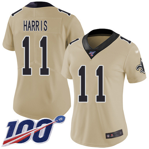 New Orleans Saints #11 Deonte Harris Gold Women's Stitched Limited Inverted Legend 100th Season Jersey Womens