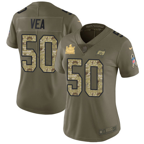 Tampa Bay Buccaneers #50 Vita Vea Olive/Camo Women's Super Bowl LV Champions Patch Stitched Limited 2017 Salute To Service Jersey Womens