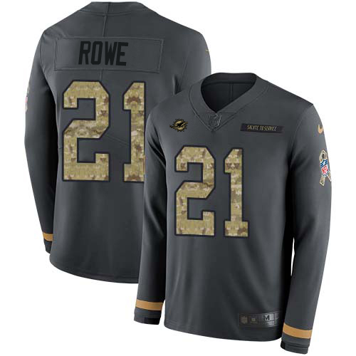 Miami Dolphins #21 Eric Rowe Anthracite Salute to Service Men's Stitched Limited Therma Long Sleeve Jersey Men's