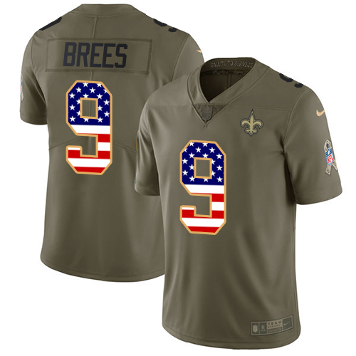 Saints #9 Drew Brees Olive/USA Flag Youth Stitched Limited 2017 Salute To Service Jersey