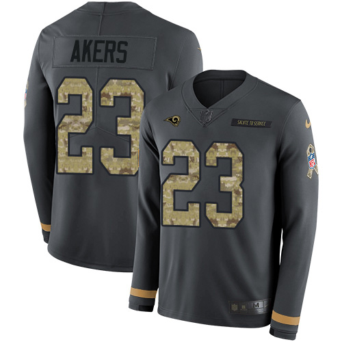 Los Angeles Rams #23 Cam Akers Anthracite Salute to Service Men's Stitched Limited Therma Long Sleeve Jersey Men's