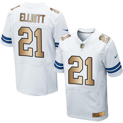 Cowboys #21 Ezekiel Elliott White Men's Stitched Elite Gold Jersey