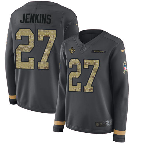 New Orleans Saints #27 Malcolm Jenkins Anthracite Salute to Service Women's Stitched Limited Therma Long Sleeve Jersey Womens