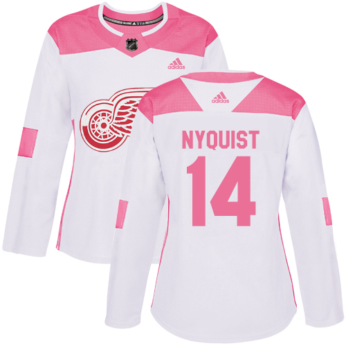Adidas Detroit Red Wings #14 Gustav Nyquist White/Pink Authentic Fashion Women's Stitched Jersey Womens