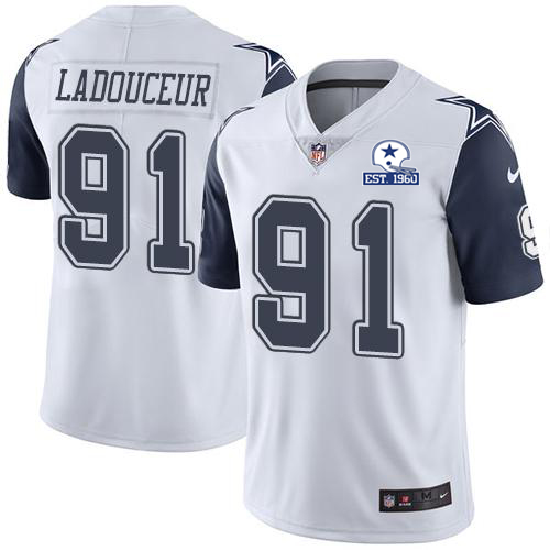 Dallas Cowboys #91 L.P. Ladouceur White Men's Stitched With Established In 1960 Patch Limited Rush Jersey Men's