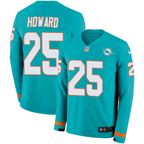 Miami Dolphins #25 Xavien Howard Aqua Green Team Color Men's Stitched Limited Therma Long Sleeve Jersey Men's