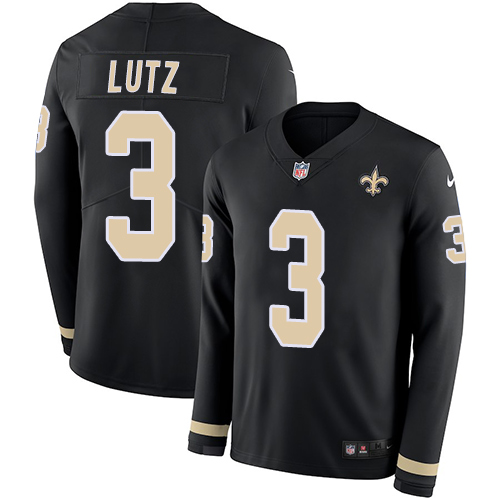 New Orleans Saints #3 Wil Lutz Black Team Color Men's Stitched Limited Therma Long Sleeve Jersey Men's