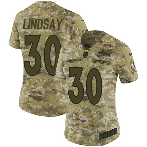 Denver Broncos #30 Phillip Lindsay Camo Women's Stitched Limited 2018 Salute to Service Jersey Womens