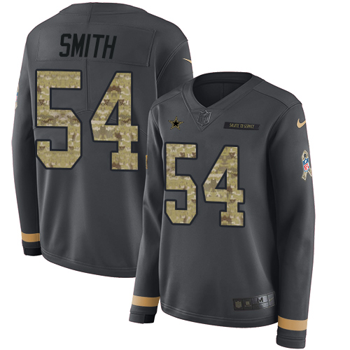 Dallas Cowboys #54 Jaylon Smith Anthracite Salute to Service Women's Stitched Limited Therma Long Sleeve Jersey Womens