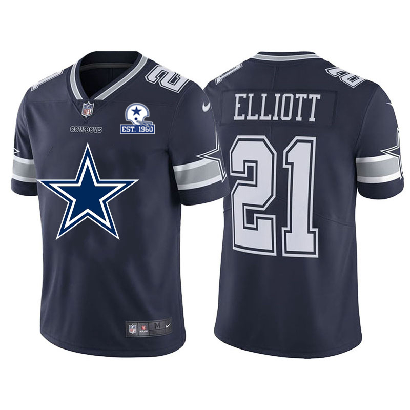 Dallas Cowboys #21 Ezekiel Elliott Navy Blue Men's Big Team Logo With Established In 1960 Patch Vapor Limited Jersey