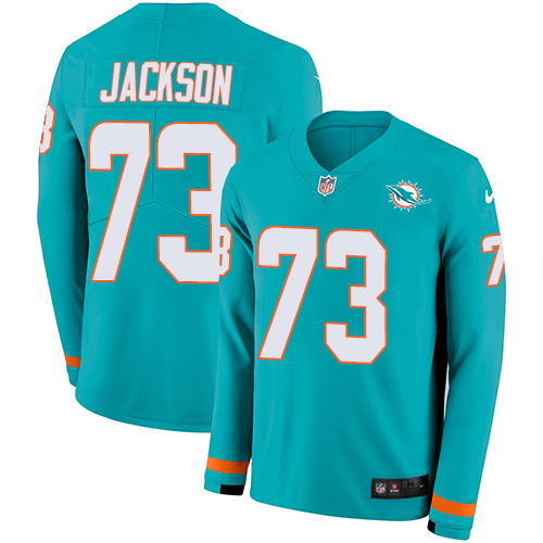 Miami Dolphins #73 Austin Jackson Aqua Green Team Color Youth Stitched Limited Therma Long Sleeve Jersey Youth