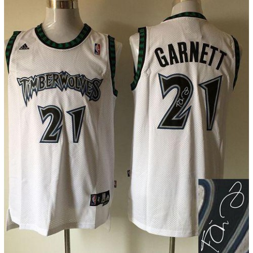 Minnesota Timberwolves #21 Kevin Garnett White Autographed Stitched Jersey Mens