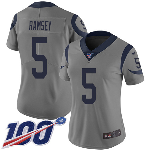 Rams #5 Jalen Ramsey Gray Women's Stitched Limited Inverted Legend 100th Season Jersey
