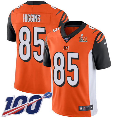 Bengals #85 Tee Higgins Orange Super Bowl LVI Patch Alternate Men's Stitched 100th Season Vapor Limited Jersey