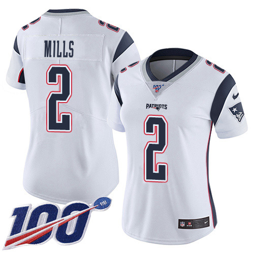 Patriots #2 Jalen Mills White Women's Stitched 100th Season Vapor Limited Jersey