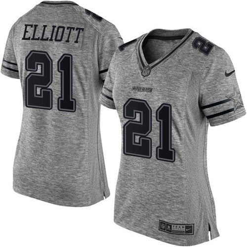 Cowboys #21 Ezekiel Elliott Gray Women's Stitched Limited Gridiron Gray Jersey