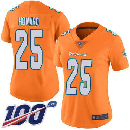 Miami Dolphins #25 Xavien Howard Orange Women's Stitched Limited Rush 100th Season Jersey Womens