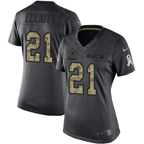 Cowboys #21 Ezekiel Elliott Black Women's Stitched Limited 2016 Salute To Service Jersey