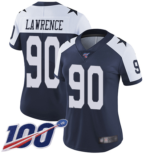 Cowboys #90 Demarcus Lawrence Navy Blue Thanksgiving Women's Stitched 100th Season Vapor Throwback Limited Jersey