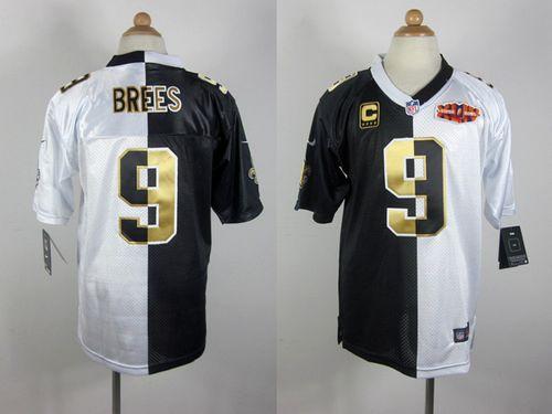 Saints #9 Drew Brees Black/White Super Bowl Youth Stitched Elite Split Jersey