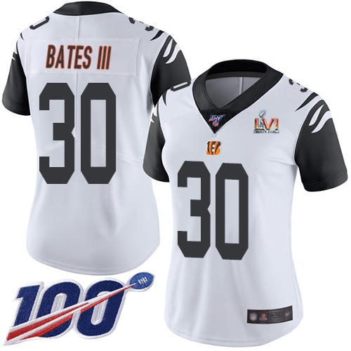 Bengals #30 Jessie Bates White Super Bowl LVI Patch Women's Stitched Limited Rush 100th Season Jersey