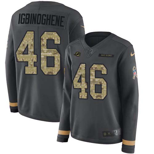 Miami Dolphins #46 Noah Igbinoghene Anthracite Salute to Service Women's Stitched Limited Therma Long Sleeve Jersey Womens
