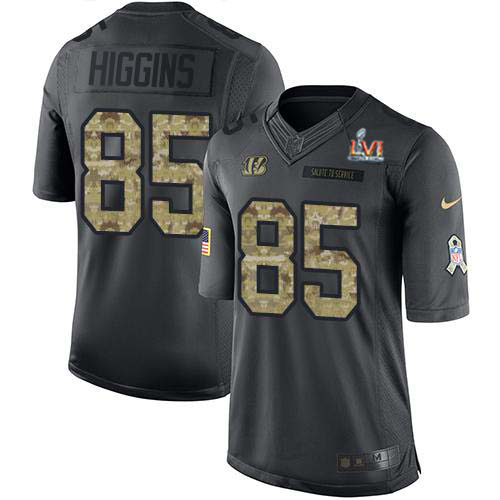 Bengals #85 Tee Higgins Black Team Color Super Bowl LVI Patch Men's Stitched Limited Therma Long Sleeve Jersey
