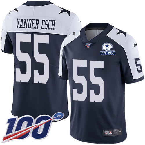 Cowboys #55 Leighton Vander Esch Navy Blue Thanksgiving Men's Stitched With Established In 1960 Patch 100th Season Vapor Untouchable Limited Throw